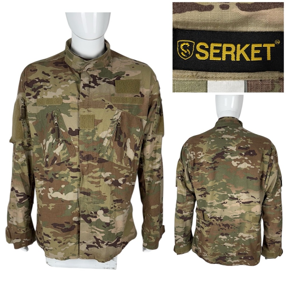 Serket Mens Large Long Shirt Jacket Camo Full Zip Hook & Loop Flame Resistant
